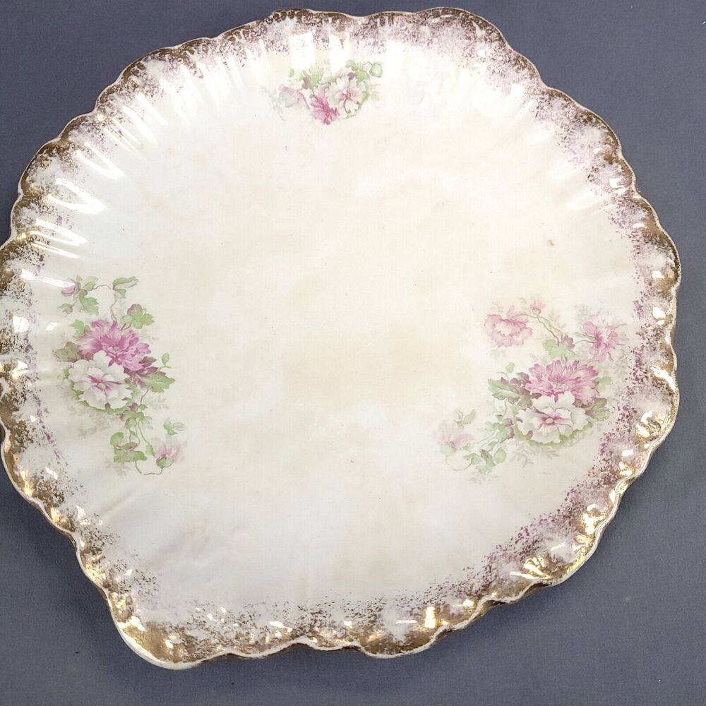 Dresden China  Serving Plate Pink Flowers 10"  Gold On The Edge